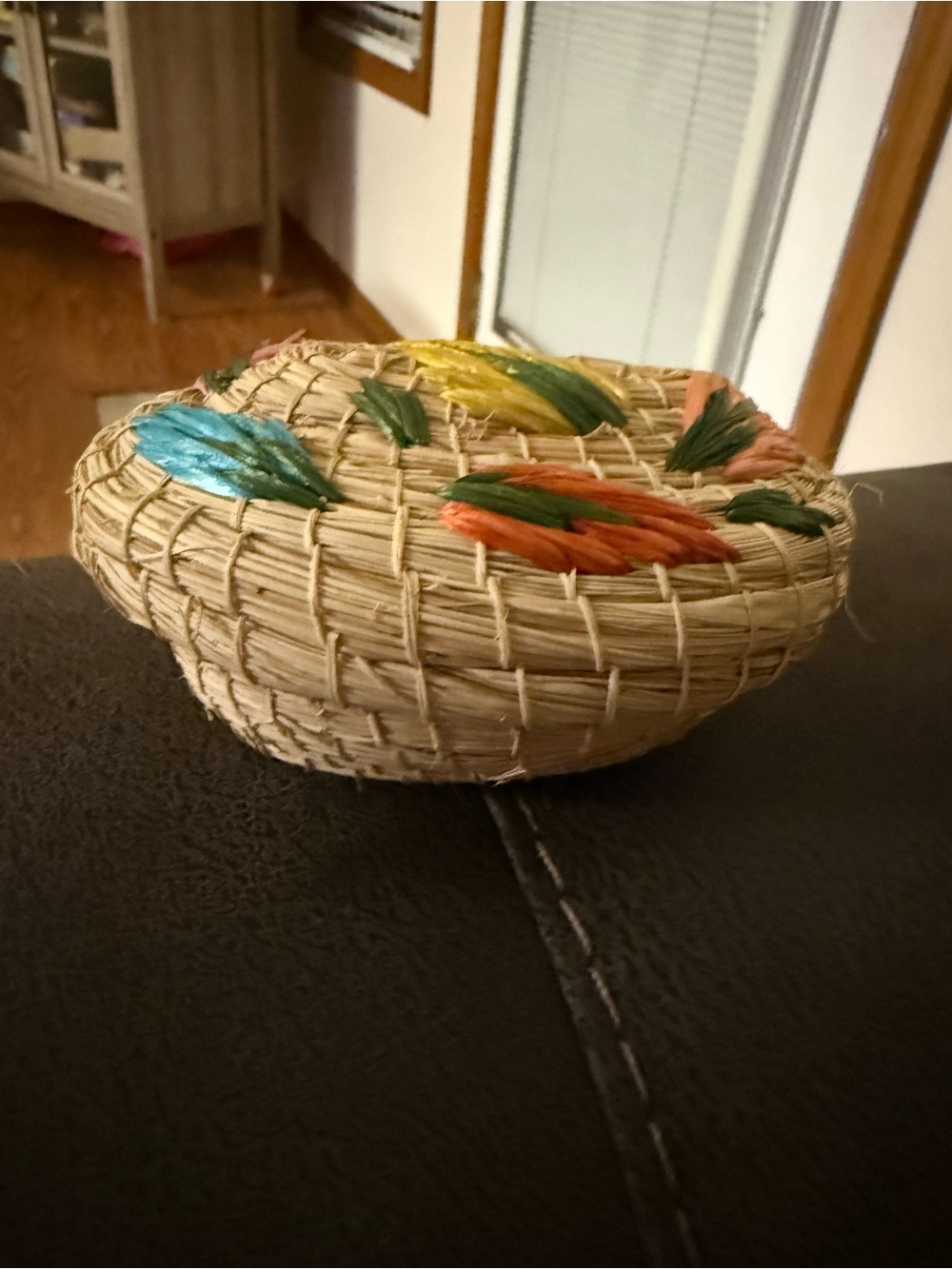 Handwoven Straw Trinket Box with Colorful Embroidery
